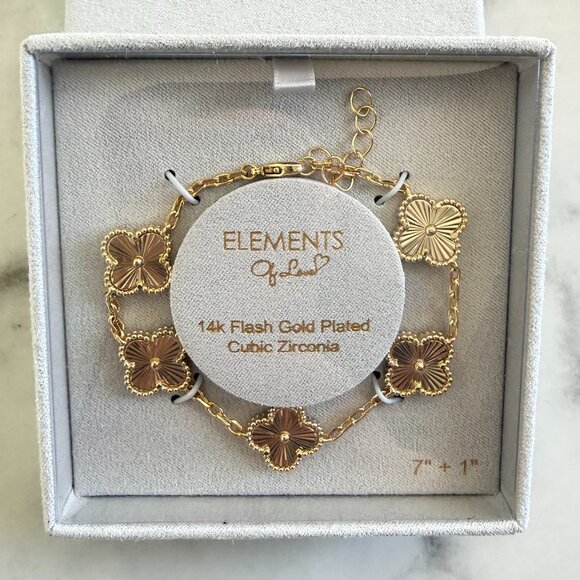 Elements of Love 14k Gold Plated Clover Bracelet Cubic Zirconia Chain Bracelet - Picture 1 of 2